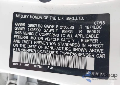 2018 Honda Civic Ex z USA, uszkodzony, nr VIN SHHFK7H5XJU233916